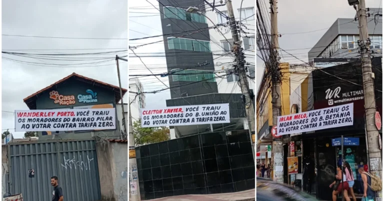 Faixas em bairros de BH alegam ‘traição’ de vereadores que votaram contra a tarifa zero
